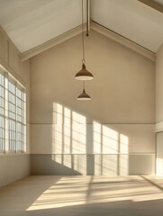 A spacious interior of a modern livestock facility with natural light streaming through the windows, highlighting the clean and minimalist design.