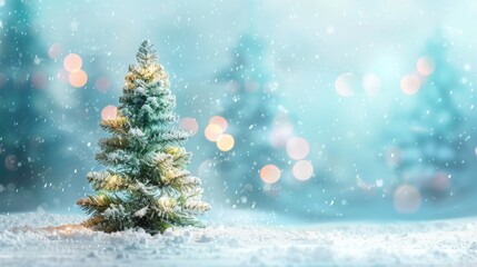 Obraz premium Festive Christmas Background with Snow-Covered Fir Tree and Blurred Lights, Perfect for Winter Landscape, New Year Celebration, Snowy Nature Wallpaper, Christmas Card Template with Space for Text