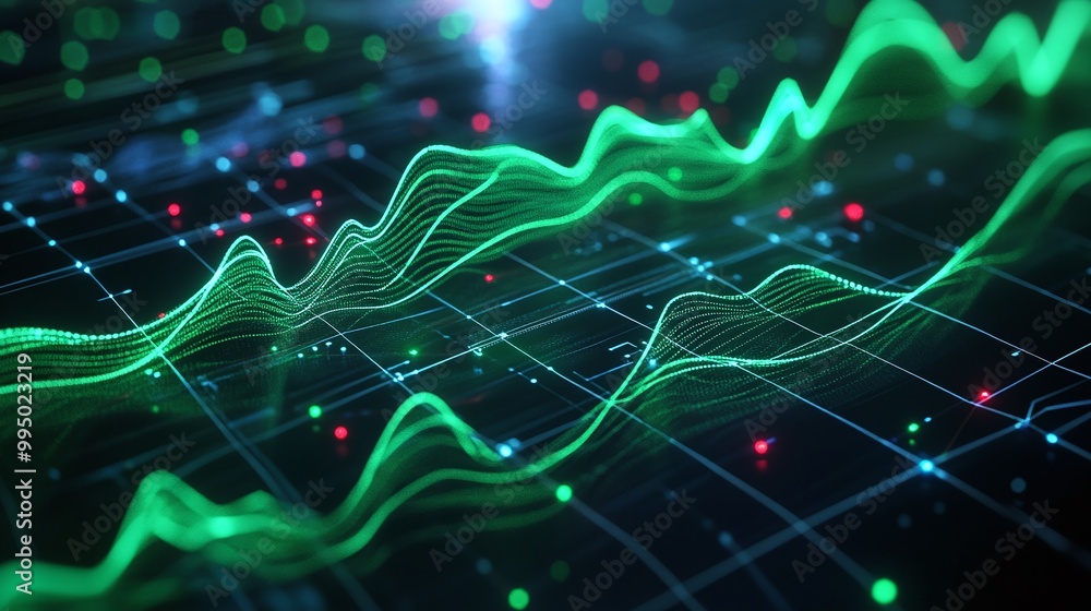 Poster abstract green data visualization with waveforms and glowing lights on a grid background.