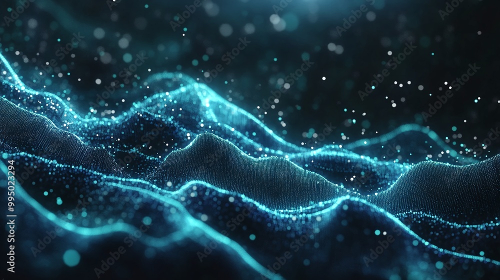 Poster abstract neon waves with luminous particles, creating a captivating visual effect on a dark backgrou