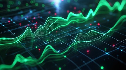Obraz premium Abstract green data visualization with waveforms and glowing lights on a grid background.
