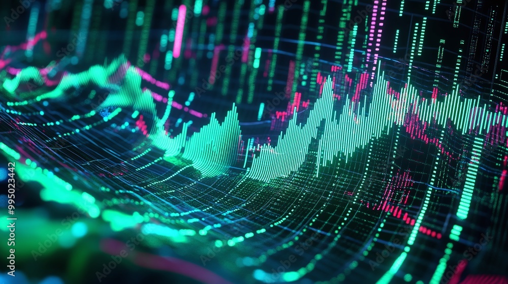 Poster abstract representation of data analysis with vibrant digital graphs and charts illustrating market 