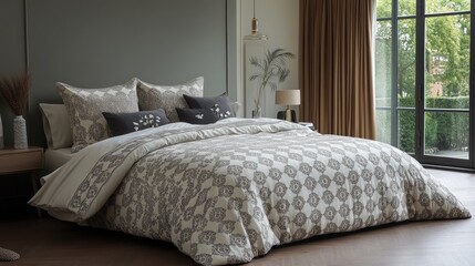 Elegant bedroom featuring a stylish duvet and decorative pillows.