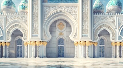 Obraz premium A stunning facade of a mosque showcasing a beautiful fusion of Middle Eastern and European architectural elements. The intricate details, arched doorways, and ornate decorations create a sense of gran
