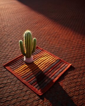 Small cactus casting a shadow on a terracotta surface.