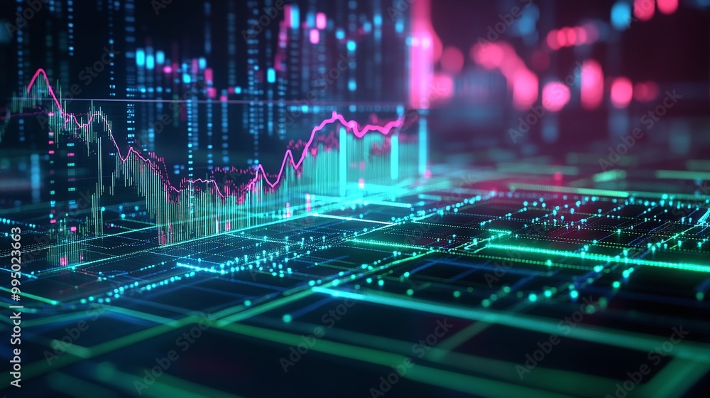 Poster abstract representation of digital data analysis with vibrant graphs and patterns in a futuristic de