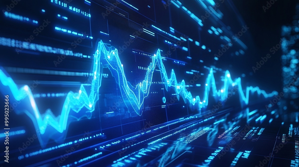 Poster abstract representation of digital data with glowing blue lines and wave patterns on a dark backgrou