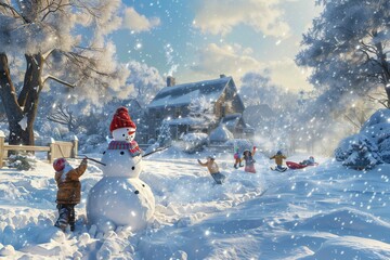 Playful 3D render of children building a snowman in a snowy yard, with snowball fights and sledding in the background,  created by ai