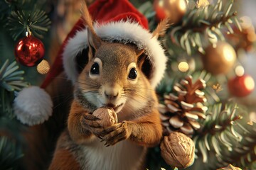 Joyful 3D render of a squirrel character with a Santa hat, holding a nut, sitting in a decorated tree, created by ai