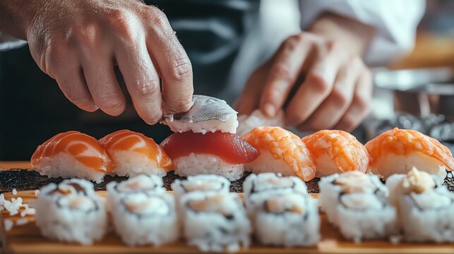 Chef preparing sushi with fresh ingredients on wooden board.
