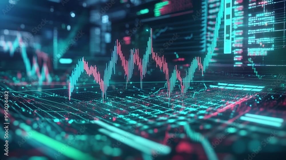 Poster abstract representation of stock market data with digital charts and graphs in vibrant colors.