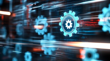 Fototapeta premium Modern digital display with animated gears icon and a reflective effect, highlighting the concept of business process workflow optimization