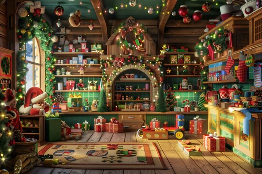 Whimsical 3D render of Santa&rsquo;s workshop with colorful toys, gift wrap, and elves busy at work, created by ai