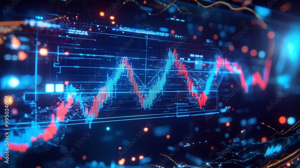 Poster abstract stock market data visualization with vibrant charts and glowing lines on a digital interfac