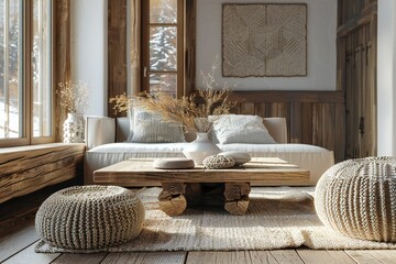 Gentle 3D render of a rustic living room with a wooden coffee table and knitted poufs, created by ai