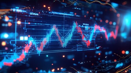 Abstract stock market data visualization with vibrant charts and glowing lines on a digital interface.