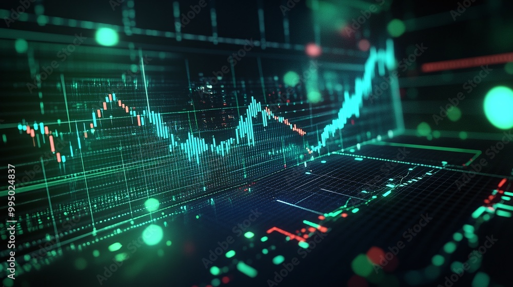 Poster abstract stock market data visualization with glowing green and red lines on a digital interface.