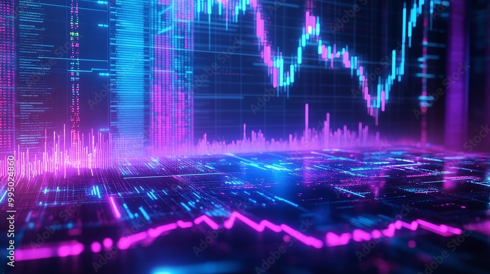 Poster abstract stock market data visualization with colorful graphs and charts on a digital screen.