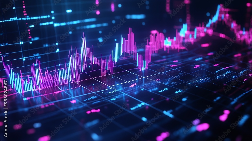 Poster abstract stock market data visualization with vibrant colors and dynamic graphs representing financi