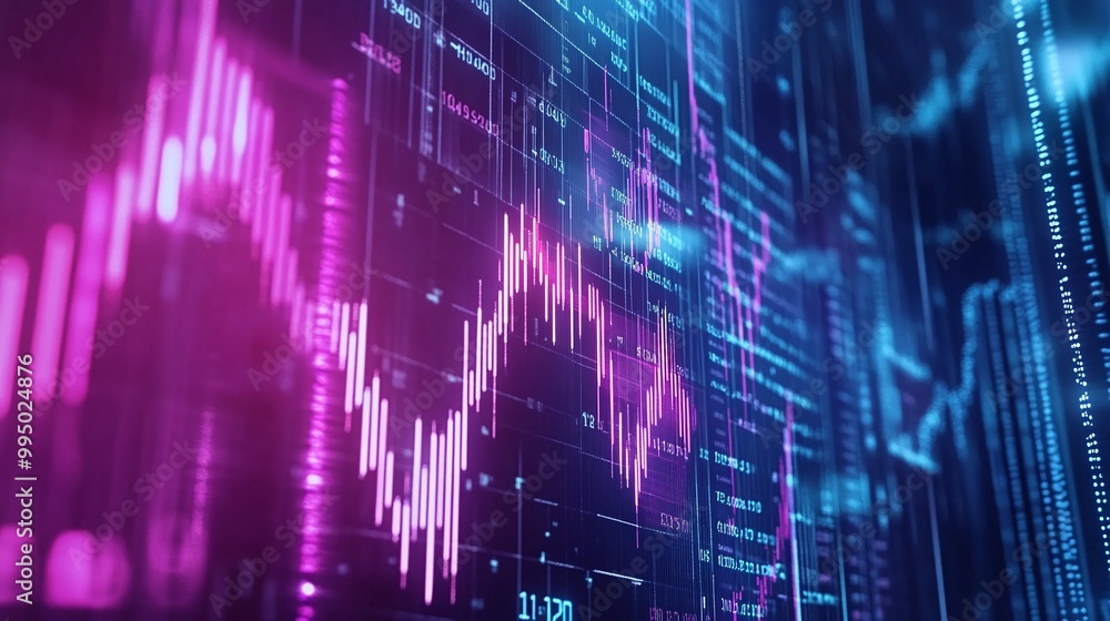 Poster abstract stock market data visualization with vibrant colors and digital interface elements on a dar