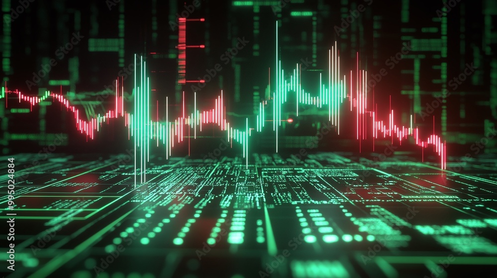Poster abstract tech illustration depicting data analysis with green and red signals on a digital interface