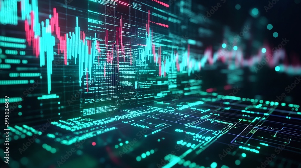 Aufkleber abstract technology background featuring digital data, graphs, and neon colors for modern design and