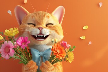 Fototapeta premium Happy 3D cartoon cat with a festive bow tie, holding a bouquet of flowers, created by ai