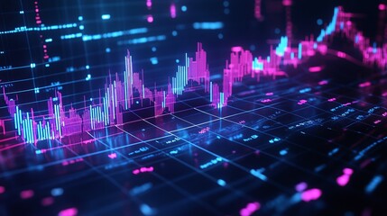 Abstract stock market data visualization with vibrant colors and dynamic graphs representing financial trends.