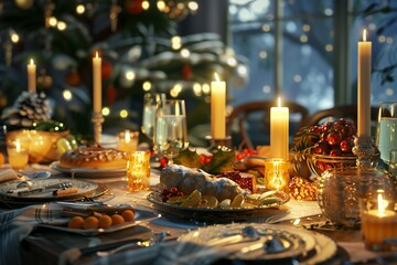 Naklejka premium Joyful 3D render of a table set for a holiday feast with candles and festive dishes, created by ai