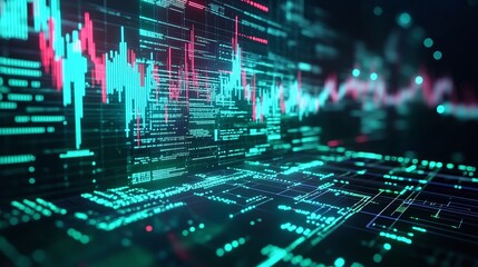 Fototapeta premium Abstract technology background featuring digital data, graphs, and neon colors for modern design and analytics.