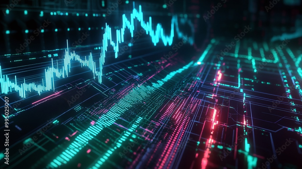 Aufkleber abstract technology background with vibrant data visualizations and dynamic graphs in blue and purpl