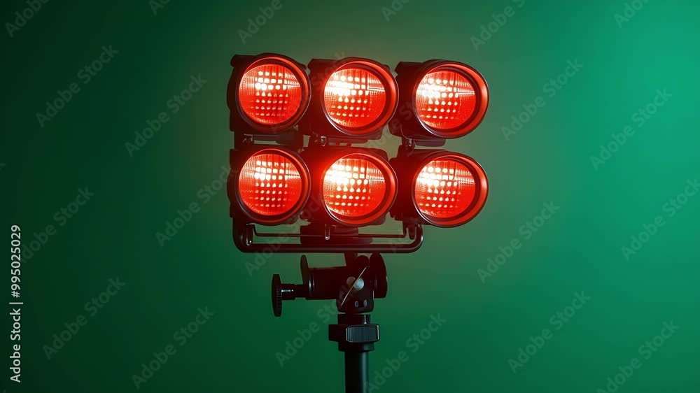 Poster bright red studio light shines on green screen for filming or photography, offering dynamic contrast