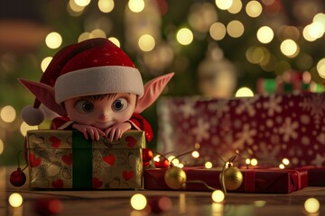 Playful 3D render of a mischievous elf character peeking out from behind a wrapped gift, with twinkling lights in the background, created by ai