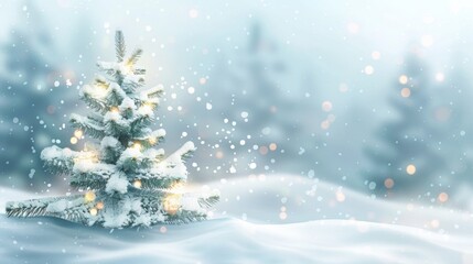 Obraz premium Festive Christmas Background with Snow-Covered Fir Tree and Blurred Lights, Perfect for Winter Landscape, New Year Celebration, Snowy Nature Wallpaper, Christmas Card Template with Space for Text