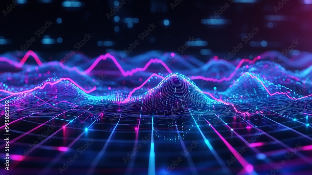 Poster abstract visualization of data analysis with vibrant neon waves on a digital grid.