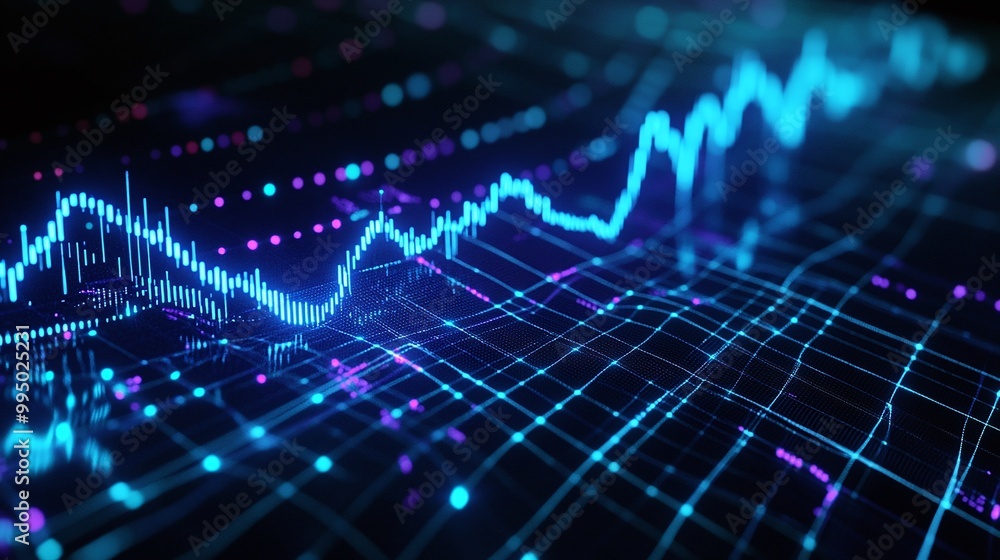 Poster abstract visual of data and statistics represented through blue and purple lines on a dark backgroun