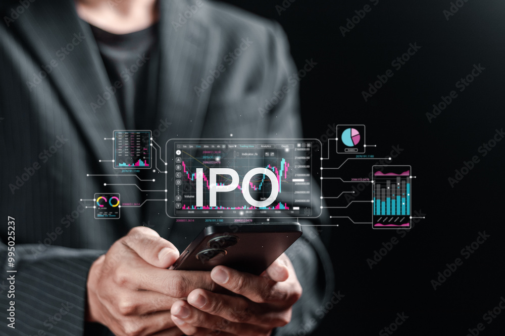 Poster ipo, initial public offering concept. businessman using smartphone with ipo word with stock graph fo