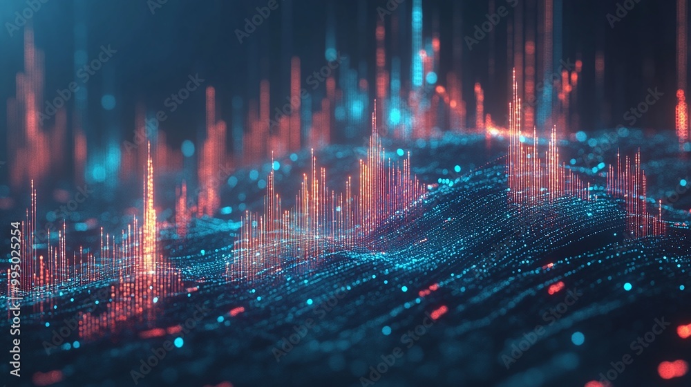 Poster abstract visualization of data flow with glowing dots and waves in vibrant colors, representing tech