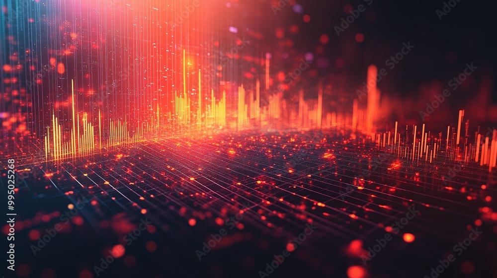 Poster abstract visualization of data patterns, vibrant colors and dynamic lines creating a modern digital 