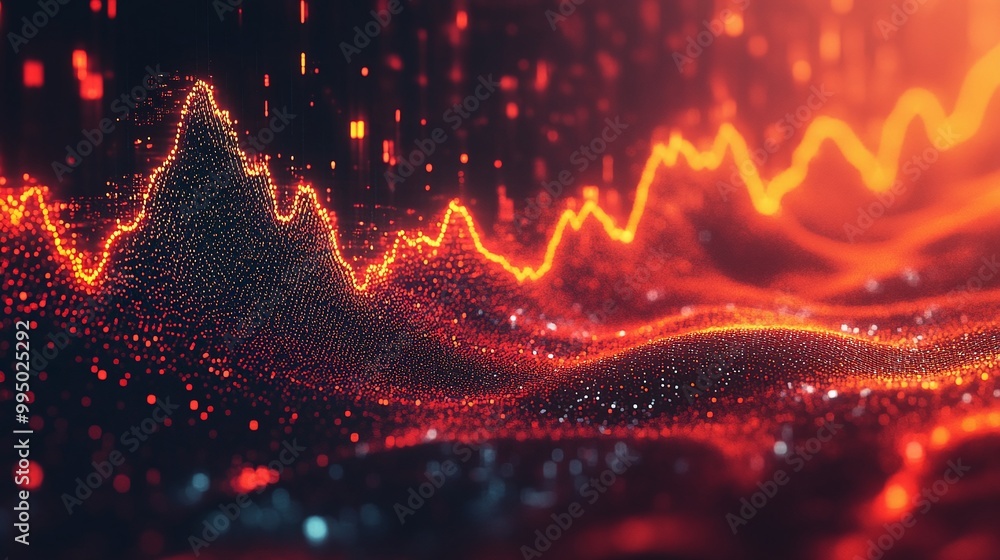 Poster abstract visualization of data patterns with vibrant red and orange lines, representing analytics an