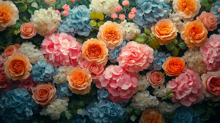 Artificial Flowers Wall for Background in vintage style  