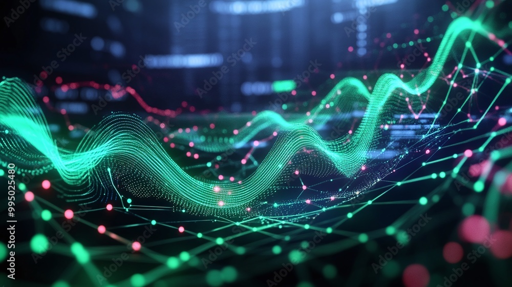 Poster abstract visualization of data waves with vibrant colors on a digital background.