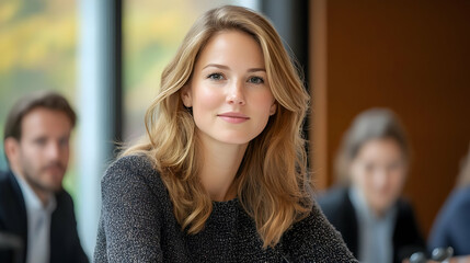 Woman with Blonde Hair Smiling in a Meeting