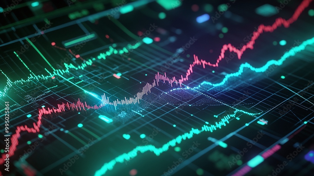 Poster abstract visualization of financial data trends with colorful graphs and indicators on a dark backgr
