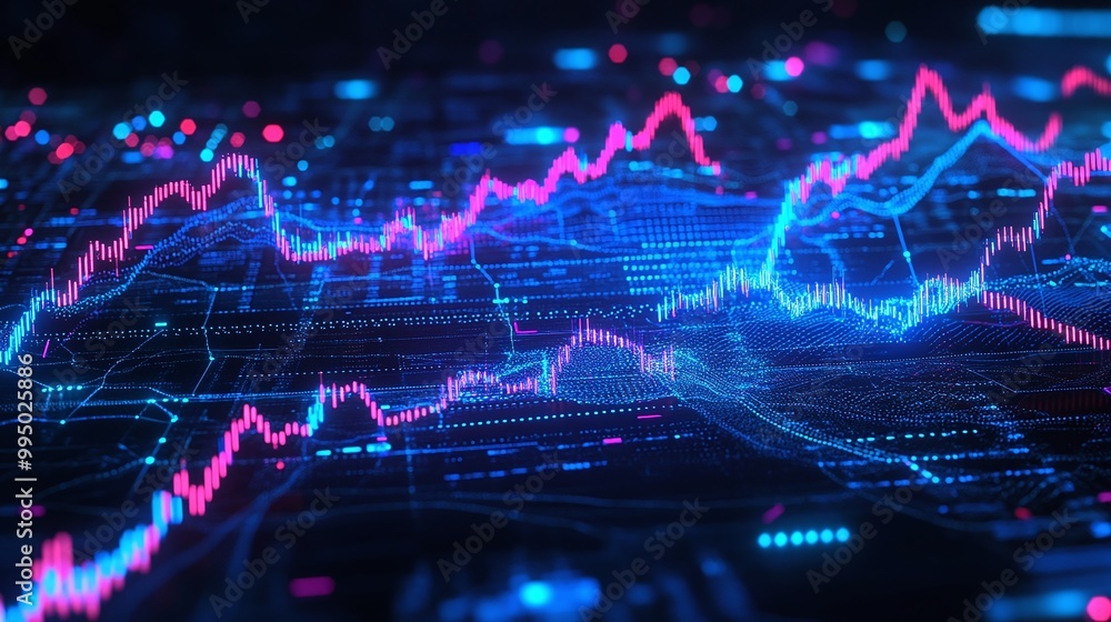 Poster abstract visualization of financial data with glowing graphs and charts on a digital interface.