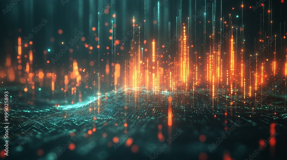 Poster abstract visualization of sound waves with vibrant colors and digital effects on a dark background.