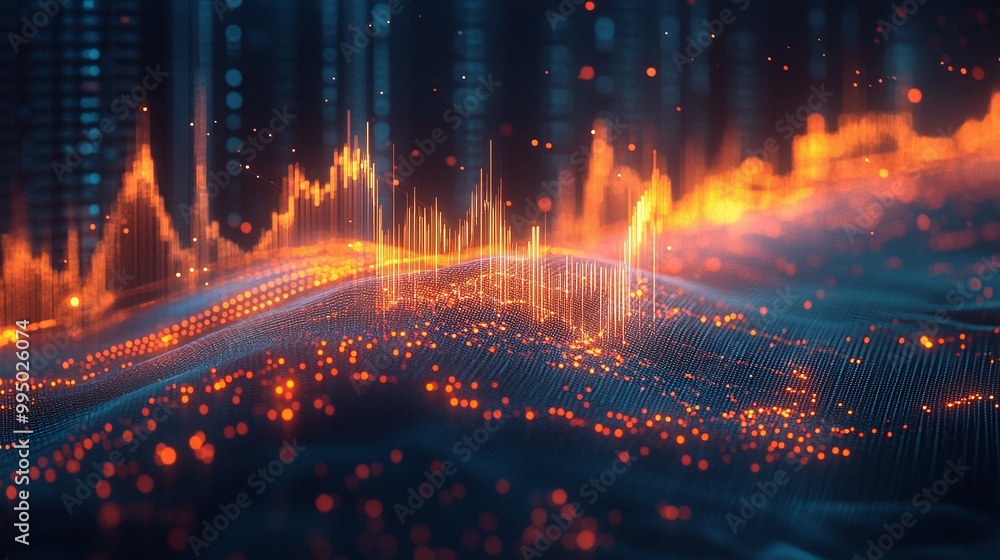 Poster abstract wave visualization of data signals and analytics with glowing elements in orange and blue t