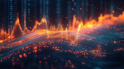 Abstract wave visualization of data signals and analytics with glowing elements in orange and blue tones.