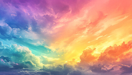 Obraz premium A dreamy sky transitioning from a golden sunset to a full spectrum of rainbow colors, giving off a vibrant yet calming feel