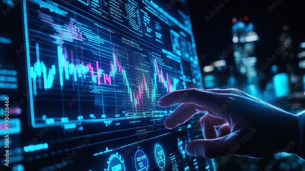 Poster close-up of a hand interacting with a digital financial dashboard displaying stock market data at ni